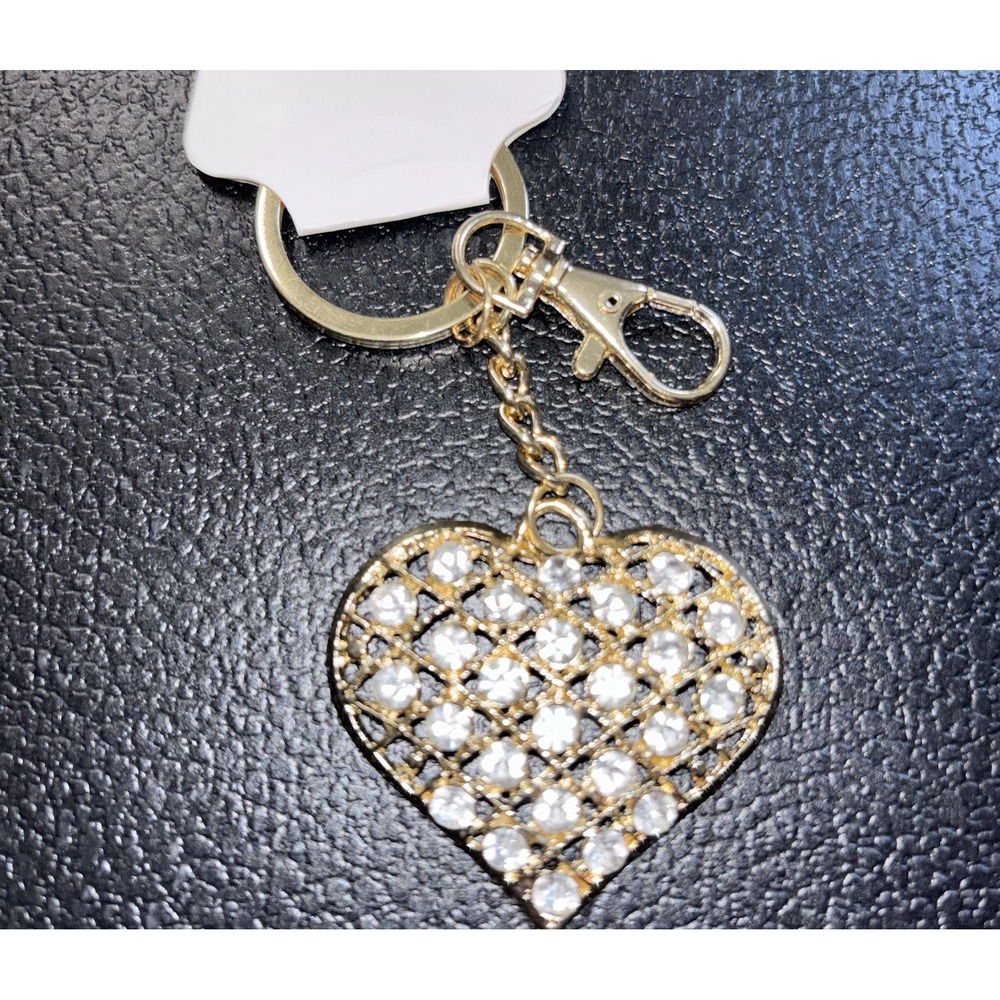 NEW Rhinestone Puffy Heart Keychain Gold‎ Tone Metal Filigree Crystal Keyring